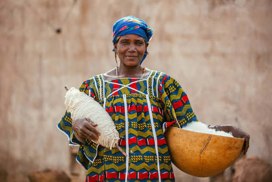 A woman holding hand-spun cotton and a calabash of raw cotton